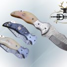 7.5" folding Damascus steel knife, liner lock, thumb knob, Cow Leather sheath