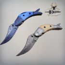 8" Fish shape folding knife, Hand forged Damascus steel,  Cow Leather sheath