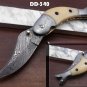 8" Fish shape folding knife, Hand forged Damascus steel,  Cow Leather sheath