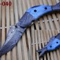 8" Fish shape folding knife, Hand forged Damascus steel,  Cow Leather sheath