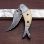 8" Fish shape folding knife, Hand forged Damascus steel, Cow Leather sheath