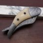 8" Fish shape folding knife, Hand forged Damascus steel, Cow Leather sheath