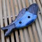 8" Fish shape folding knife, Hand forged Damascus steel, Cow Leather sheath