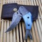 8" Fish shape folding knife, Hand forged Damascus steel, Cow Leather sheath