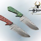 9"  DAMASCUS SKINNER KNIFE, 2 TONE JIGGED WOOD, RED & GREEN COLOR LEATHER SHEATH