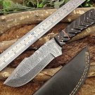 Damascus steel skinning knife, 9.5" full tang blade, Jigged horn scale, sheath