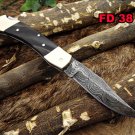 Damascus steel Folding Knife 7.5" long, Bull Horn & Brass bolster scale, Sheath