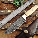 Damascus Steel 9 Inches full tang blade skinner knife, camel bone brass, sheath