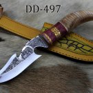 13" Damascus Skinning Knife, Jigged scale horn W/Engraved Brass, Leather sheath