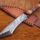 11" Damascus Tanto Hunting Knife, Wood scale With Engraved Brass, Cow sheath