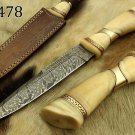 13" carved camel bone W/Brass scale Damascus Steel skinning knife, Cow sheath