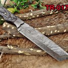 14" Tracker Knife Full Tang Damascus Steel Tanto balde, bread knife, Cow sheath
