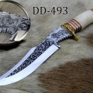 15" Hand engraved graphics & Damascus steel custom hunting knife, Cow sheath