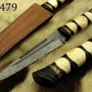 13" Damascus steel skinning knife, exotic hand crafted round scale, Cow sheath