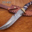 13" Damascus Hunting Knife, Bull horn scale With Engraved Brass, Cow sheath
