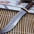 13" Hunting Damascus knife, wood with brass finger guard scale, Leather sheath