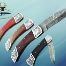 9" Damascus steel folding knife W/back lock 4 colors Hand engraved Steel bolster