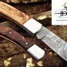 7.5" Damascus steel folding knife W/Back lock, wood scale hand forged Cow sheath