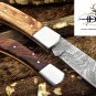 7.5" Damascus steel folding knife W/Back lock, wood scale hand forged Cow sheath