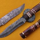 13.5" Damascus steel skinning Knife, Wood scale With Engraved Brass, Cow sheath