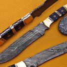 14" long Damascus steel full tang knife, Engraved Brass, Leather sheath