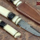 9.5" Damascus steel skinning knife, exotic hand made round scale, Cow sheath