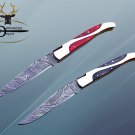8" hand forged Damascus steel folding pocket knife W/steel trim, Leather sheath