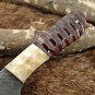7" Jigged wood & bone scale compact knife Full tang Damascus blade cow sheath