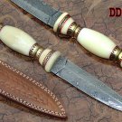 11" Damascus steel hunting Dagger knife, Bone W/engraved brass scale, Cow sheath