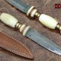 11" Damascus steel hunting Dagger knife, Bone W/engraved brass scale, Cow sheath