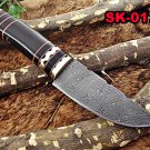 9.5" Damascus steel skinner Knife,Bull horn & Brass round scale, Cow sheath