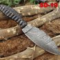 8.5" DAMASCUS STEEL BLADE POCKET KNIFE, JIGGED BULL HORN SCALE, LEATHER SHEATH