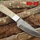 7" FULL TANG DAMASCUS STEEL SKINNING KNIFE, JIGGED BONE SCALE, LEATHER SHEATH