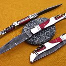 8" hand forged Damascus steel folding pocket knife W/steel trim, Leather sheath