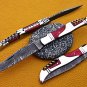 8" hand forged Damascus steel folding pocket knife W/steel trim, Leather sheath