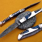 8" hand forged Damascus steel folding pocket knife W/steel trim, Leather sheath