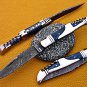 8" hand forged Damascus steel folding pocket knife W/steel trim, Leather sheath