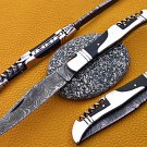 8" hand forged Damascus steel folding pocket knife W/wine opener, Leather sheath