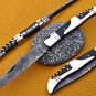 8" hand forged Damascus steel folding pocket knife W/wine opener, Leather sheath