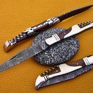 8" hand forged Damascus steel folding pocket knife W/wine opener, Leather sheath