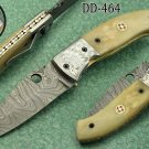 8" folding knife Damascus steel Engraved bird, liner lock, Horn & Bone scale