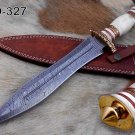 15" Damascus steel hunting Dagger knife, Engraved brass scale, Cow sheath