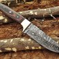9" full tang blade Damascus steel skinning pocket camping knife, Cow hide sheath