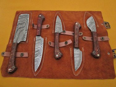 5 piece Kitchen knife set, Brow jigged scale, Overall 42" long,suede roll sheath