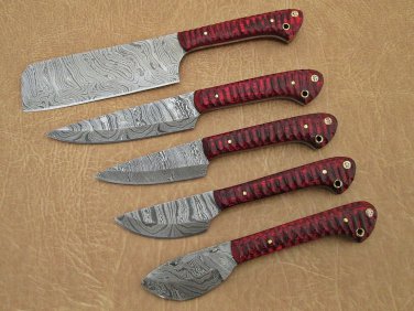 5 piece Kitchen knife set, Chef, cleaver, Win color Jigged scale, Suede Roll bag