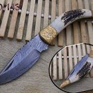 Stag Antler Damascus steel folding knife, Engraved Brass bolster, Cow sheath