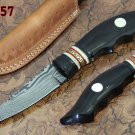 9 straight back blade skinning Knife, finger serrated horn scale, Leather sheath