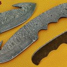 9" long gut hook trailing point Damascus steel blank blade, 3.5" Cutting edge