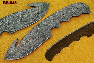 9" long gut hook trailing point Damascus steel blank blade, 3.5" Cutting edge
