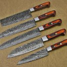 5 piece Kitchen knife set, Hand forged hammered Damascus steel Orange Black